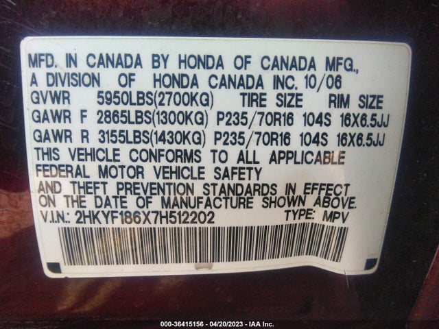 2007 HONDA PILOT EX-L VIN: 2HKYF186X7H512202