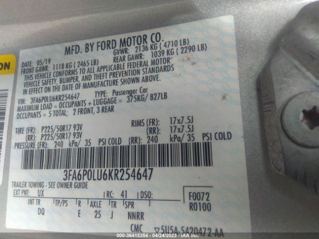 3FA6P0LU6KR254647 Ford Fusion Hybrid Se