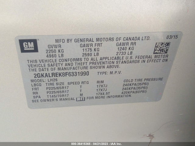 2015 GMC TERRAIN SLE VIN: 2GKALREK8F6331990