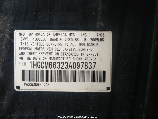 2003 HONDA ACCORD SDN LX VIN: 1HGCM66323A097837