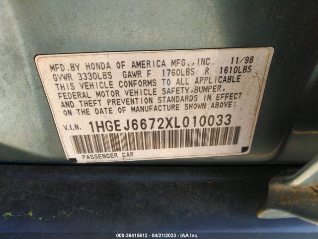 1999 HONDA CIVIC LX VIN: 1HGEJ6672XL010033