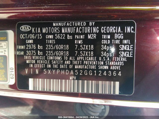 5XYPHDA52GG124364 KIA SORENTO EX