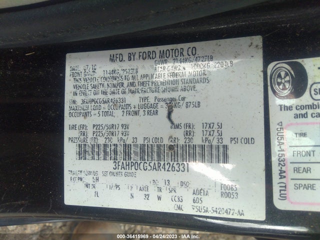 2010 FORD FUSION SEL VIN: 3FAHP0CG5AR426331