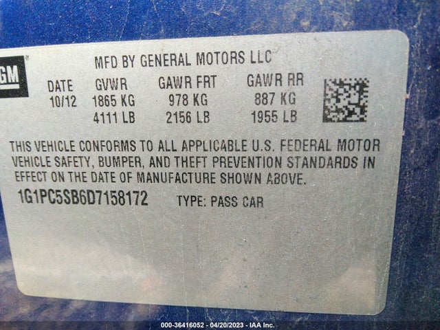 2013 CHEVROLET CRUZE 1LT VIN: 1G1PC5SB6D7158172