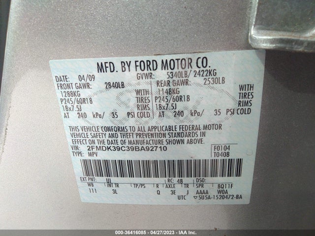 2009 FORD EDGE LIMITED VIN: 2FMDK39C39BA92710