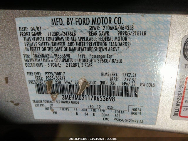 2007 MERCURY MILAN PREMIER VIN: 3MEHM02117R653698