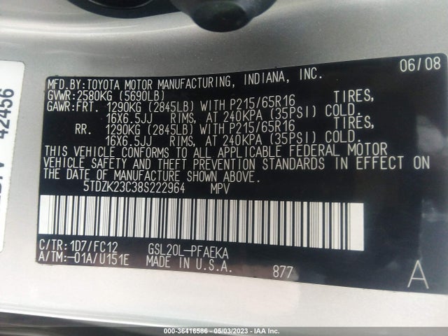 2008 TOYOTA SIENNA CE/LE VIN: 5TDZK23C38S222964