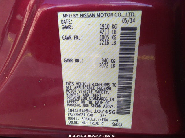 2015 NISSAN ALTIMA 2.5 S VIN: 1N4AL3AP9FC107456