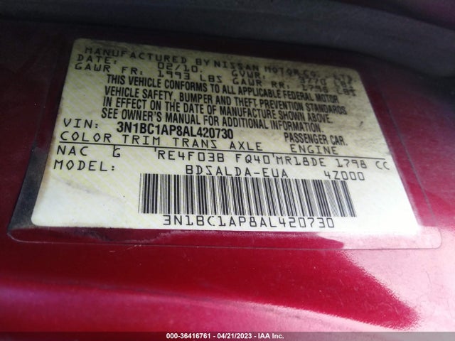 2010 NISSAN VERSA 1.8 S VIN: 3N1BC1AP8AL420730