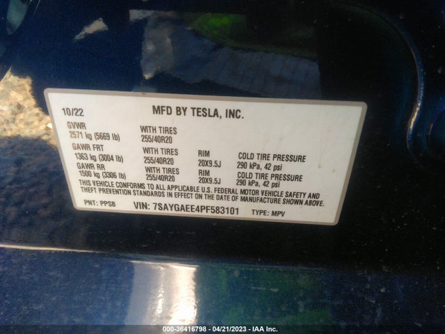 2023 TESLA MODEL Y LONG RANGE VIN: 7SAYGAEE4PF583101