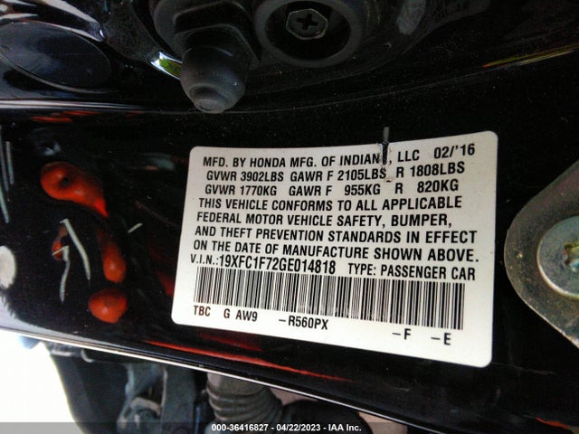 2016 HONDA CIVIC SEDAN EX-L VIN: 19XFC1F72GE014818
