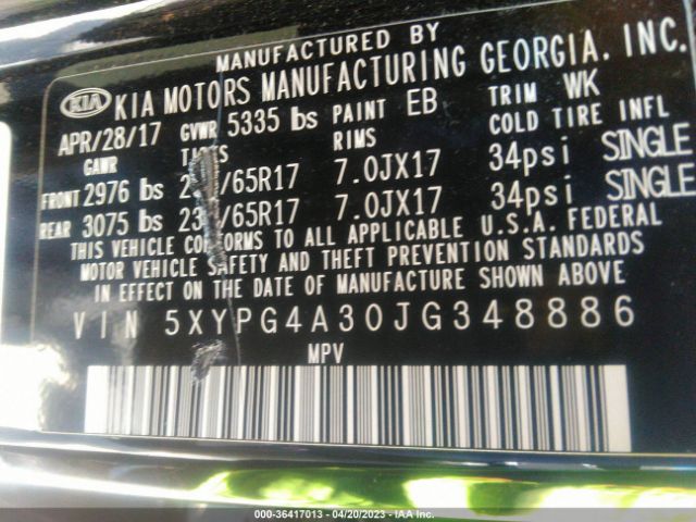 5XYPG4A30JG348886 KIA SORENTO LX