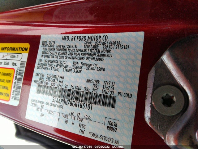 Ford FUSION SE 2016 3FA6P0H78GR185101 Image 9