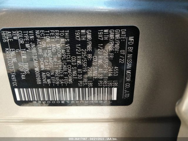 JN8BT3CA6PW000988 Nissan Rogue Sl