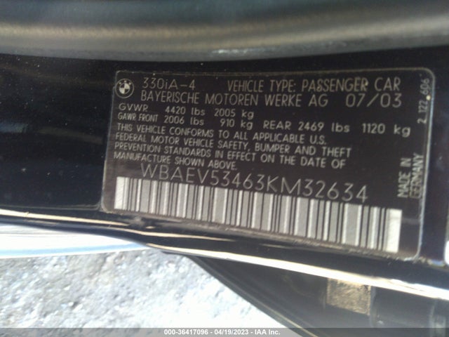 2003 BMW 3 SERIES 330I VIN: WBAEV53463KM32634
