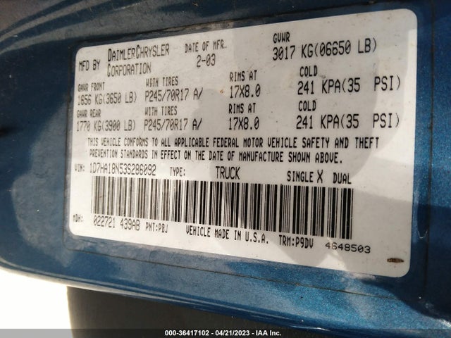 2003 DODGE RAM 1500 ST/SLT VIN: 1D7HA18N53S286092