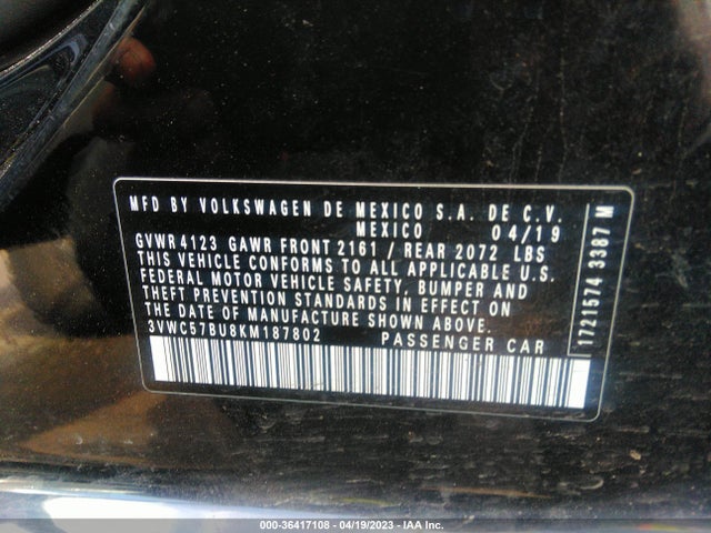 3VWC57BU8KM187802 Volkswagen Jetta S/se/r-line