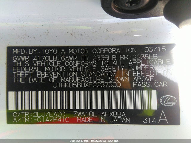 JTHKD5BHXF2237300 Lexus Ct 200h Hybrid
