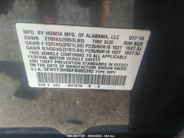 Honda Pilot Touring 2015 5FNYF3H90FB005392 Image 9