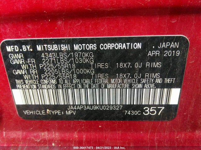 JA4AP3AU9KU029327 Mitsubishi Outlander Sport 2.0
