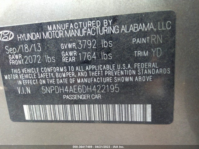 2013 HYUNDAI ELANTRA GLS PZEV VIN: 5NPDH4AE6DH422195