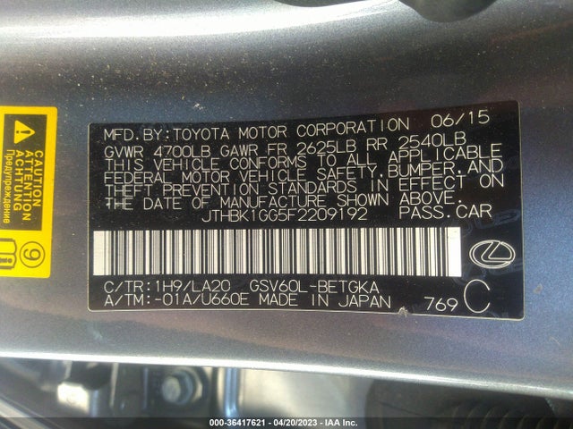 JTHBK1GG5F2209192 Lexus ES 350