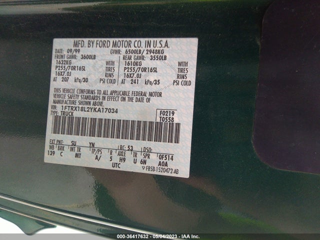 2000 FORD F-150 VIN: 1FTRX18L2YKA17034