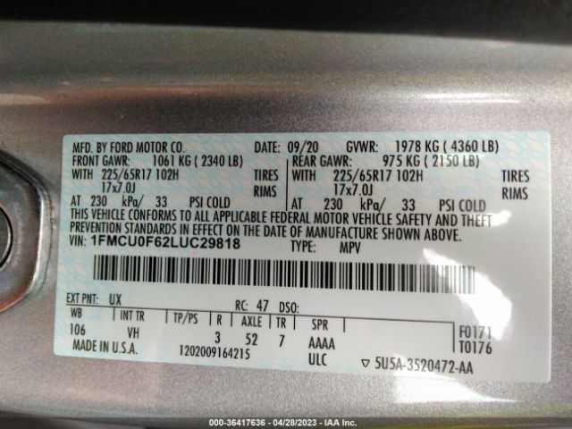 1FMCU0F62LUC29818 Ford ESCAPE S