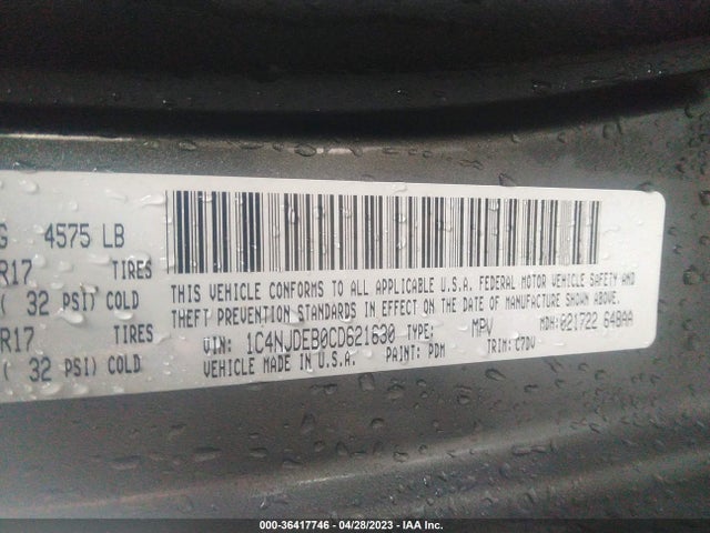 2012 JEEP COMPASS LATITUDE VIN: 1C4NJDEB0CD621630
