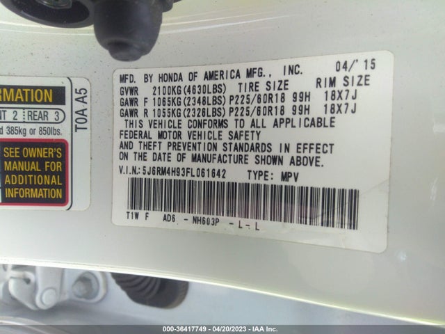 Honda Cr-v Touring 2015 5J6RM4H93FL061642 Image 9