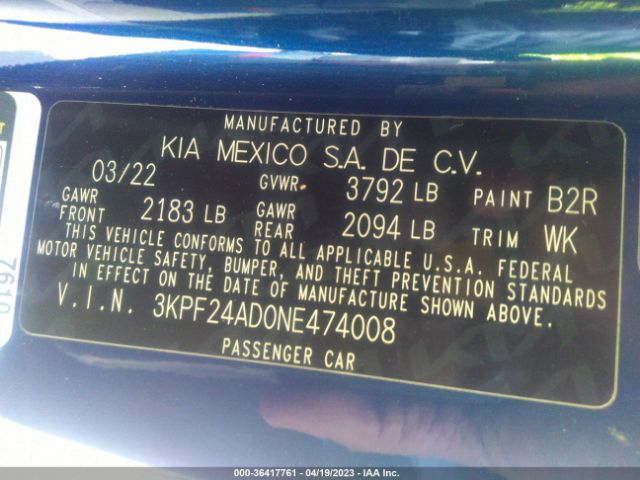 3KPF24AD0NE474008 KIA Forte Lxs