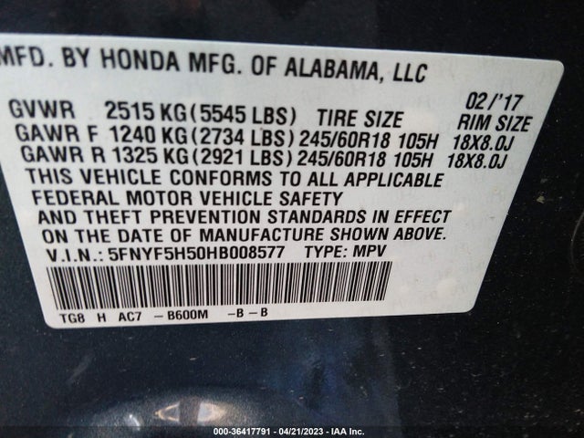 Honda Pilot Ex-l 2017 5FNYF5H50HB008577 Image 9