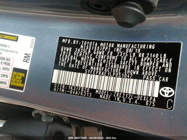 2020 TOYOTA COROLLA LE VIN: 5YFEPRAE1LP051047