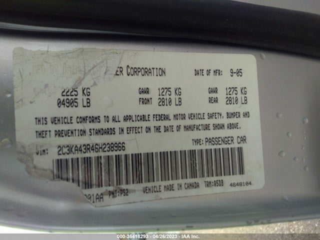 2006 CHRYSLER 300 VIN: 2C3KA43R46H238966