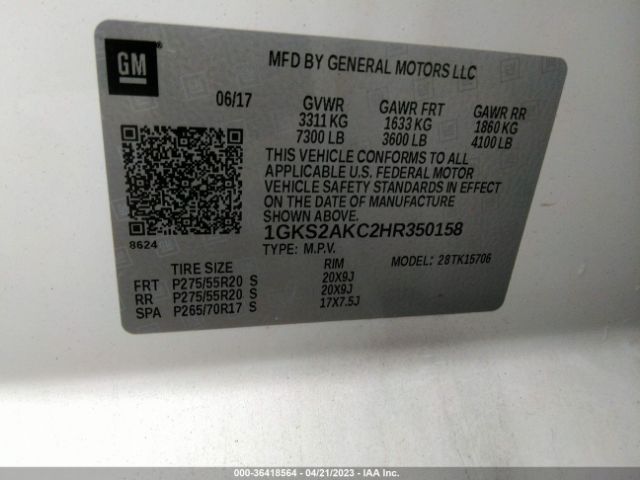 1GKS2AKC2HR350158 GMC YUKON SLE