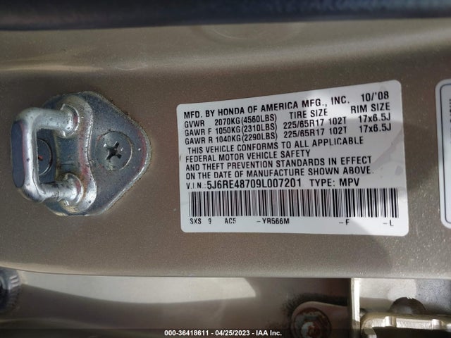 2009 HONDA CR-V EX-L VIN: 5J6RE48709L007201