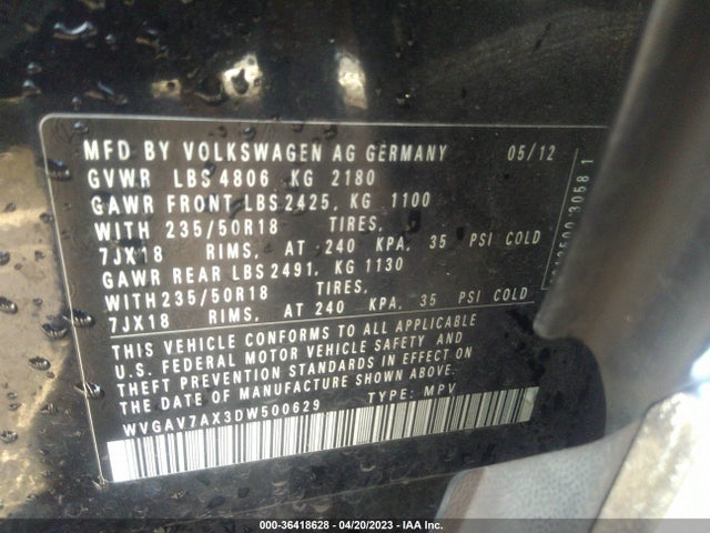 2013 VOLKSWAGEN TIGUAN SE VIN: WVGAV7AX3DW500629