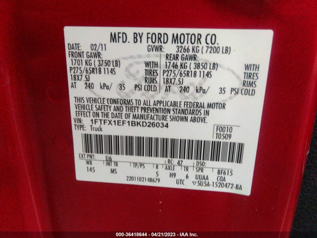 2011 FORD F-150 XL/STX/XLT/FX4/LARIAT VIN: 1FTFX1EF1BKD26034