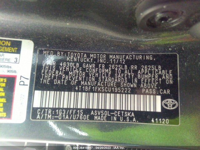 2012 TOYOTA CAMRY L/LE/SE/XLE VIN: 4T1BF1FK5CU195222