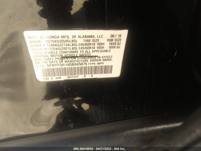 Honda PILOT LX 2016 5FNYF5H14GB045076 Image 10