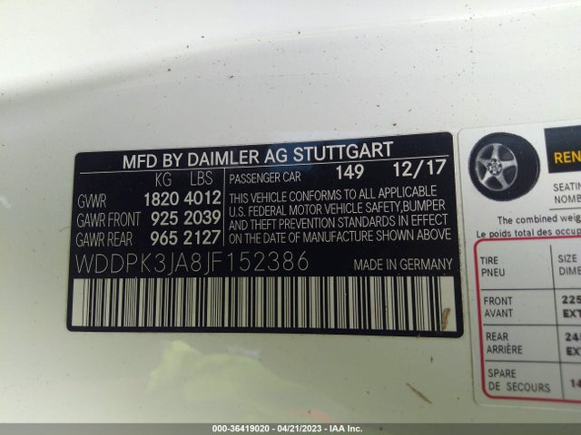 2018 Mercedes-Benz SLC-Class, VIN: WDDPK3JA8JF152386