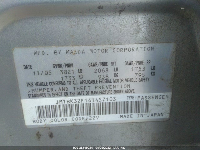 2006 MAZDA MAZDA3 I TOURING VIN: JM1BK32F161457103