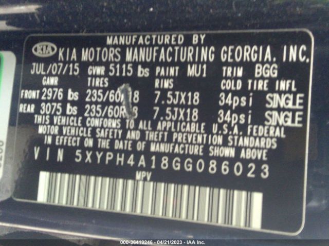 5XYPH4A18GG086023 KIA SORENTO EX