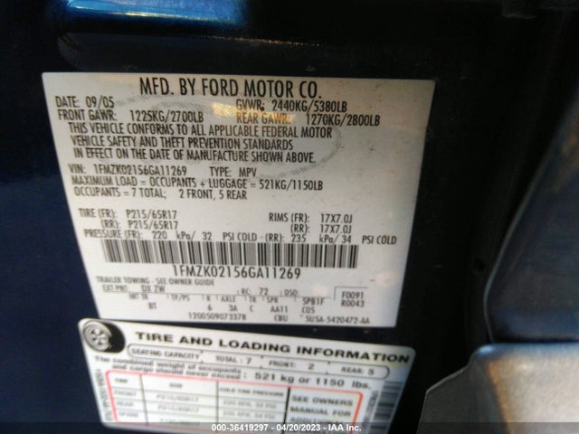 2006 FORD FREESTYLE SEL VIN: 1FMZK02156GA11269