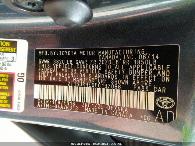 2014 TOYOTA COROLLA L/LE/S/S PLUS/LE PLUS VIN: 2T1BURHE0EC197086