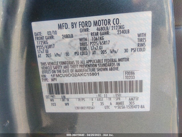 2010 FORD ESCAPE XLT VIN: 1FMCU9DG2AKC15801