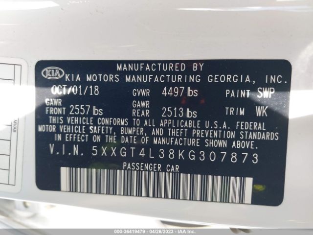 5XXGT4L38KG307873 KIA Optima Lx