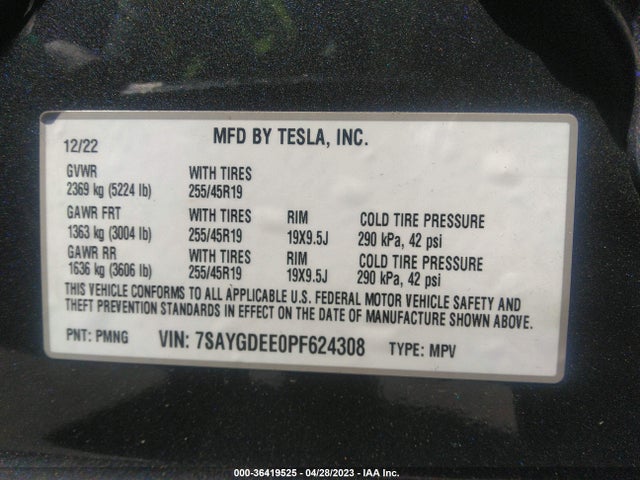 2023 TESLA MODEL Y LONG RANGE VIN: 7SAYGDEE0PF624308