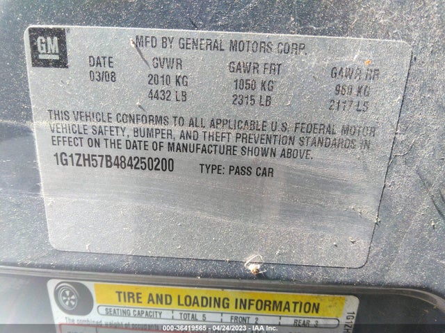 2008 Chevrolet Malibu Lt W/1lt მანქანა იყიდება აუქციონზე, vin: 1G1ZH57B484250200, აუქციონის ნომერი: 36419565