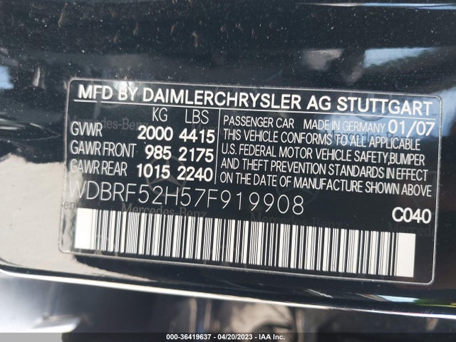 2007 MERCEDES-BENZ C-CLASS 2.5L SPORT VIN: WDBRF52H57F919908